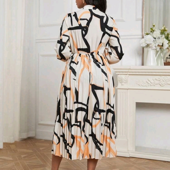 Abstract Print Tie Neck Pleated Dress - Picture 2 of 6